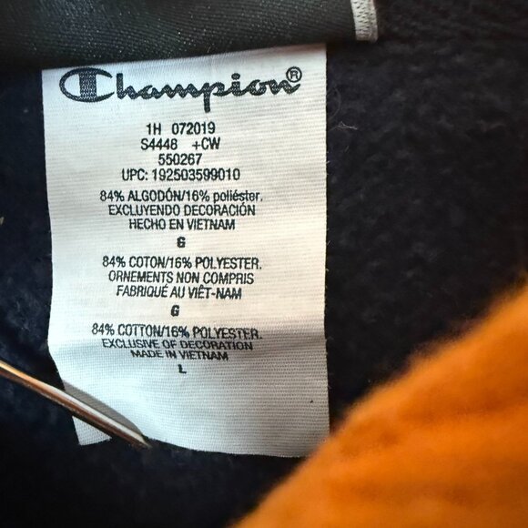 Champion Hoodie Men's Large Spell Out Corduroy Navy Blue Hood Sweatshirt Jumper - Picture 8 of 9